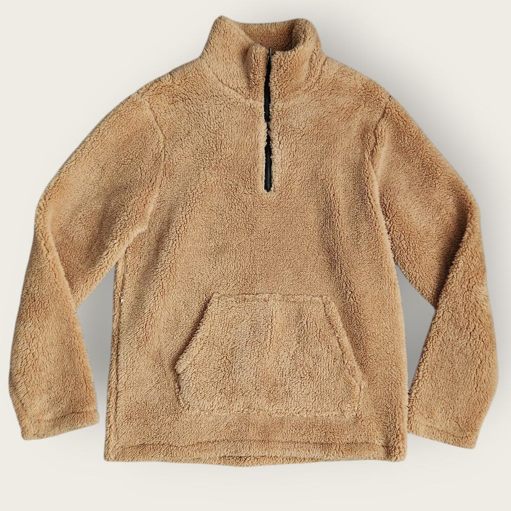 Cali1850 Sweater Women's Sz L Tan 1/4 Zip Sherpa Pullover Mock Neck Soft Warm
